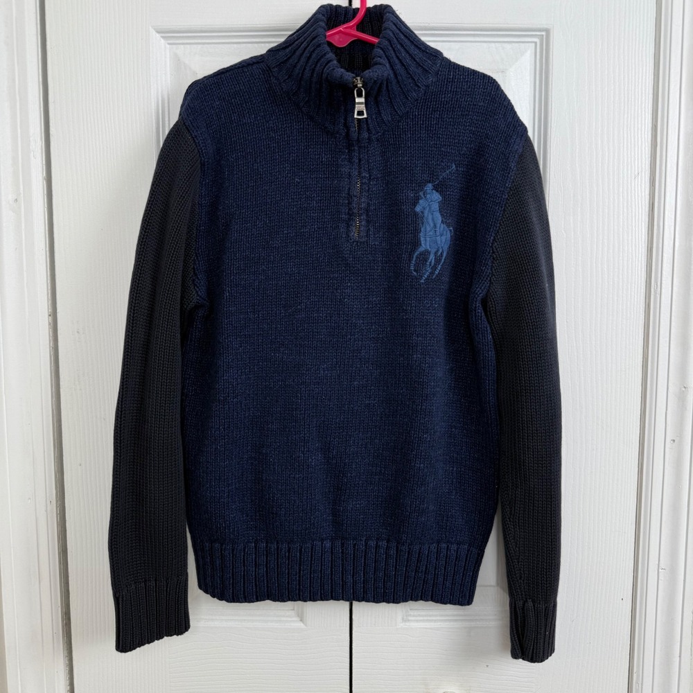 Polo Ralph Lauren Kids M 10-12 Navy Blue Quarter Zip Bog Pony Sweater Preppy‎